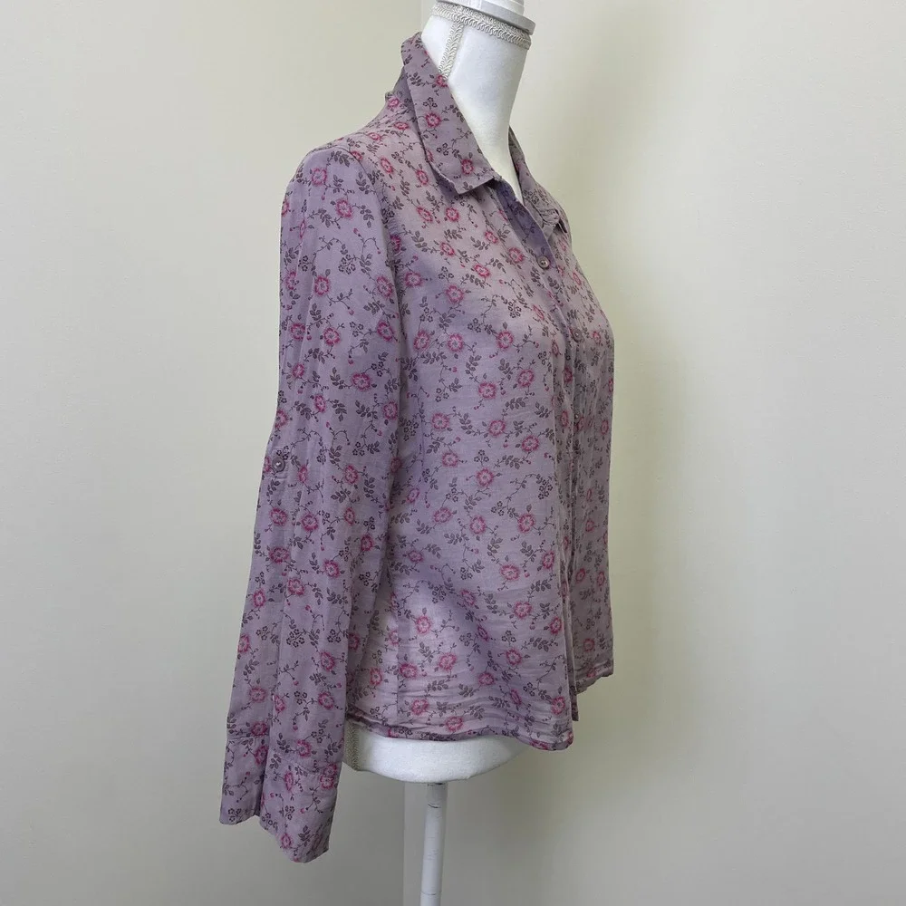 The Limited Purple Floral Cotton Button Down Shirt L Roll Tab Sleeve Hippie